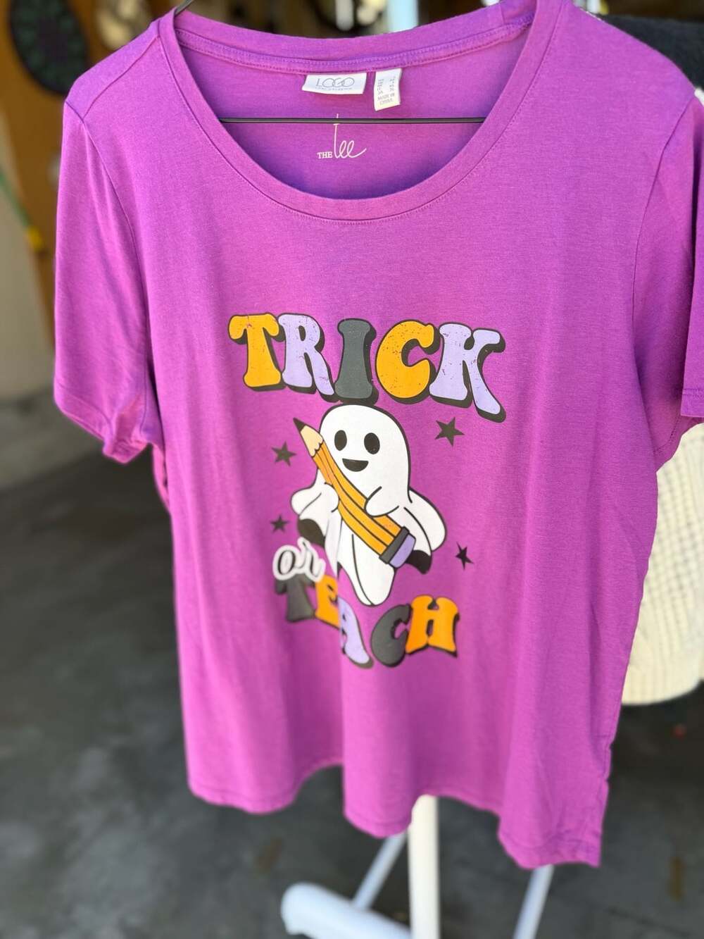 LOGO by Lori Goldstein Trick Or Teach Ghost Graphic Short Sleeve Purple Size L